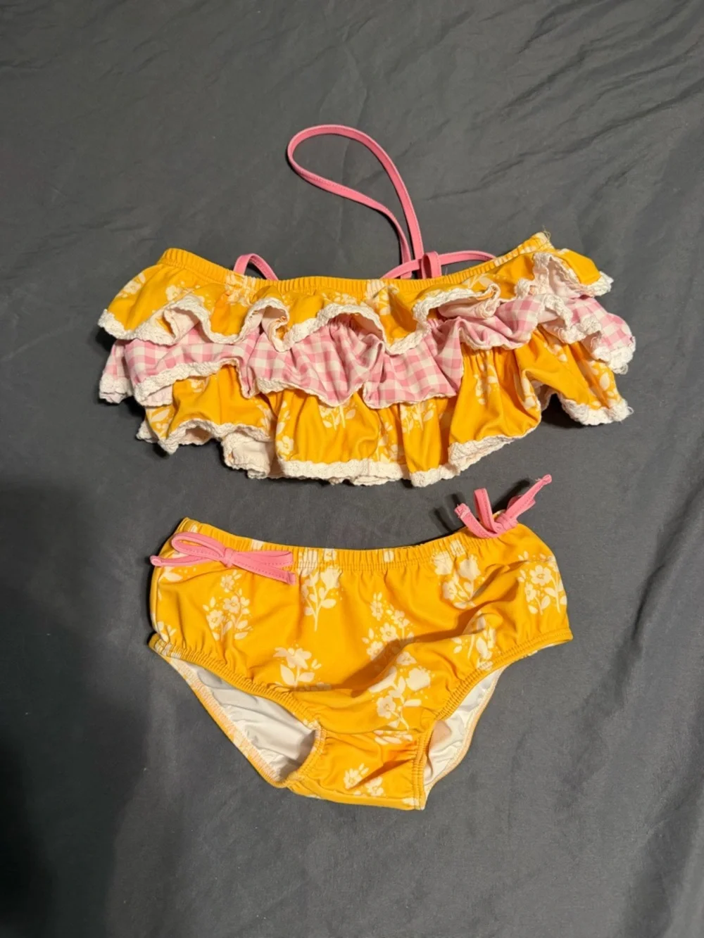 SweetHoney Yellow Floral Ruffle Bikini with Pink Straps